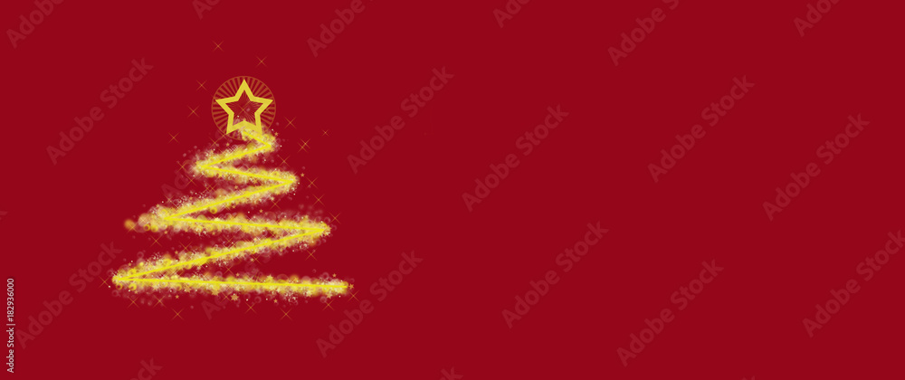 A drawing of a yellow Christmas tree with a star and flares on a red background