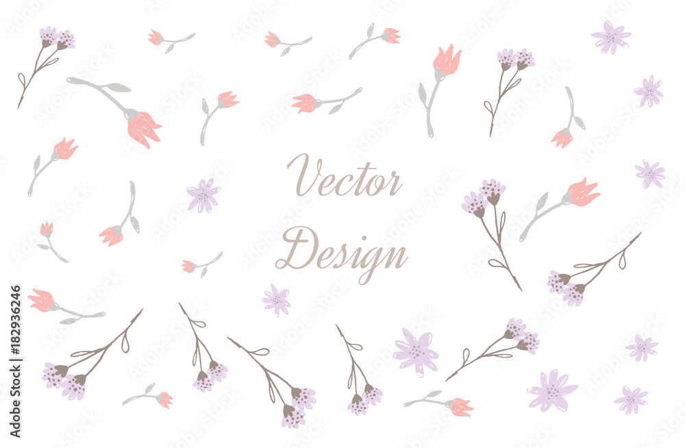 Violet and Brown Floral Elements, Vector Poster with Rustic Flowers, Greeting Card, Soft Floral Background, Pastel Color Laurel