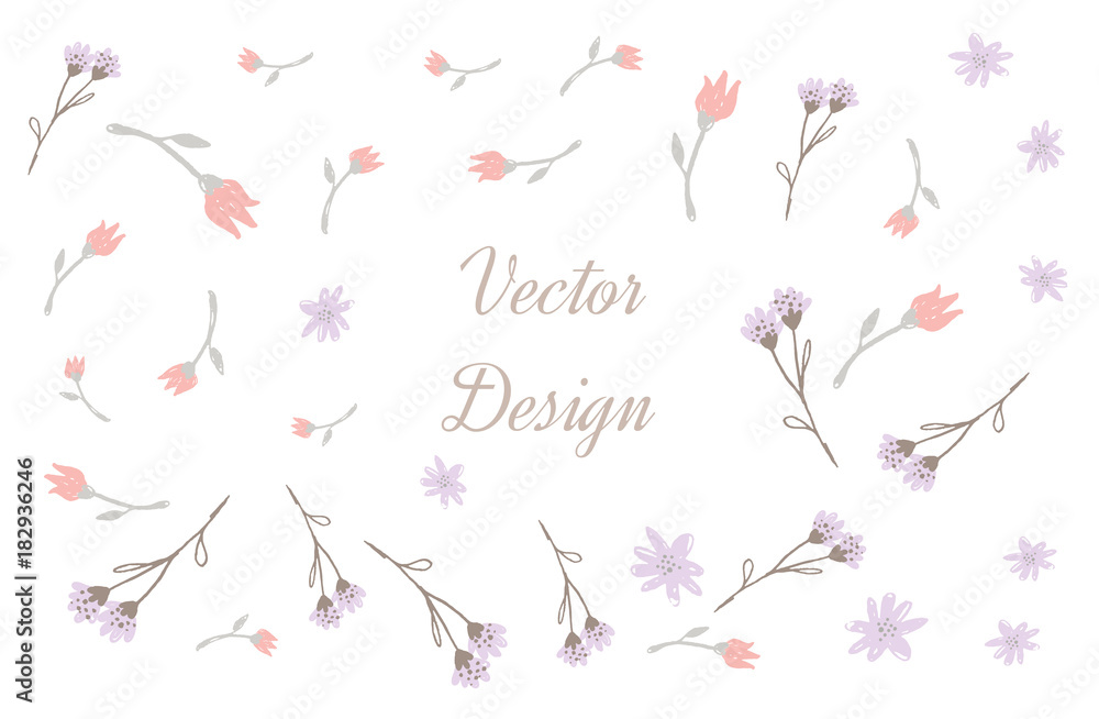 Violet and Brown Floral Elements, Vector Poster with Rustic Flowers, Greeting Card, Soft Floral Background, Pastel Color Laurel Violet and Brown Floral Elements, Vector Poster with Rustic Flowers, Greeting Card, Soft Floral Background, Pastel Color Laurel