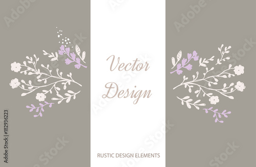 Violet and Brown Floral Elements, Vector Poster with Rustic Flowers, Greeting Card, Soft Floral Background, Pastel Color Laurel