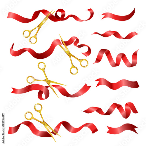 Red ribbon and golden scissors cutting for ceremony opening vector isolated 3D icon