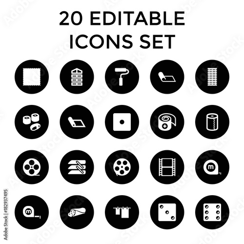 Roll icons. set of 20 editable filled roll icons