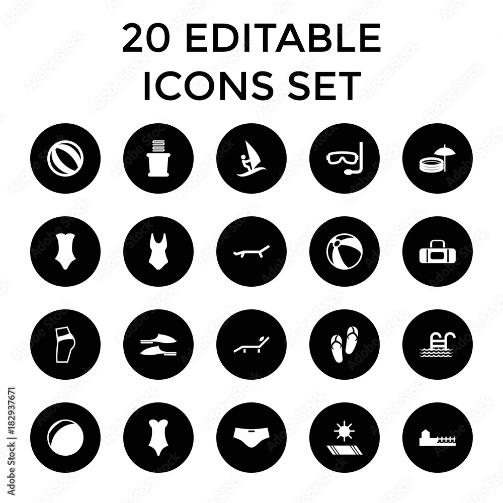 Beach icons. set of 20 editable filled beach icons