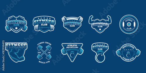 Set of gym logos, labels and slogans in vintage style