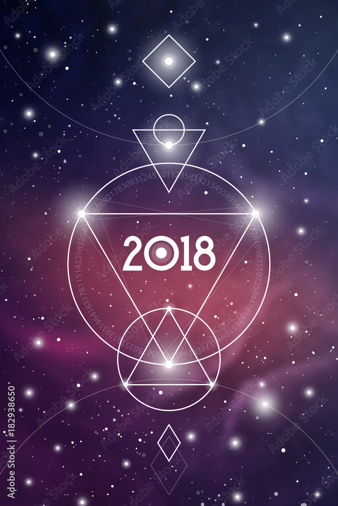 Cosmic Astrological New Year 2018 Greeting Card or Calendar Cover with Interlocking Geometry Shapes Art and Golden Ratio Digits on Space Background.