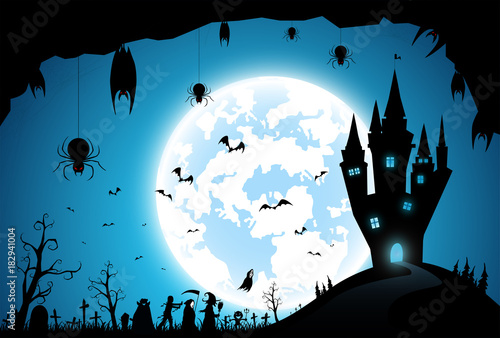 illustration background,festival halloween,full moon on dark night with many ghost and devil walking to castle for celebration halloween day