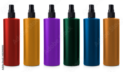 Set of multi-colored plastic bottles, isolated on white background. Colored vials spray for packaging.