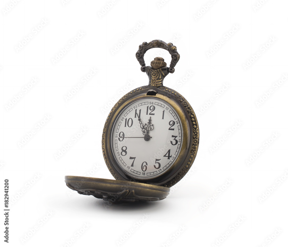 Antique bronze pocket watch showing several minutes before midnight, isolated on white background. The concept of time, past or deadline. Antique bronze pocket watch showing several minutes before midnight, isolated on white background. The concept of time, past or deadline.