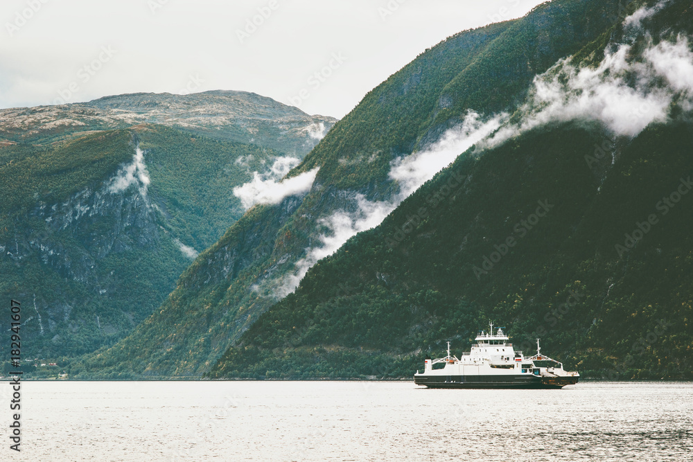 Mountains Fjord and Ferry ship  Landscape in Norway Travel scenic view