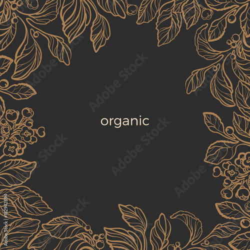 Template of golden realistic branches with leaves, berry and flowers. Vector