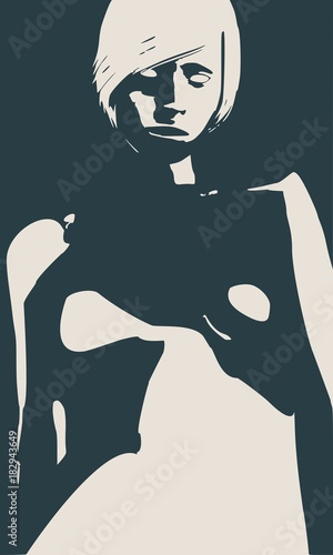 Beautiful sexy fitness girl. Confused woman raising her hand to face. Young lady with yellow hair. Front view.