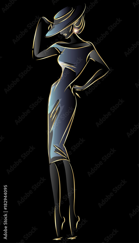 Gold neon fashion woman silhouette, beautiful fashion model on black ...