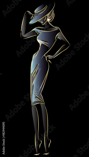 Gold neon fashion woman silhouette, beautiful fashion model on black background logo vector illustration