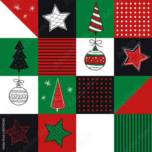 Cute seamless pattern with baubles, christmas tree, stars. Hand Drawn vector illustration. Wrapping paper pattern. Background with abstract elements.