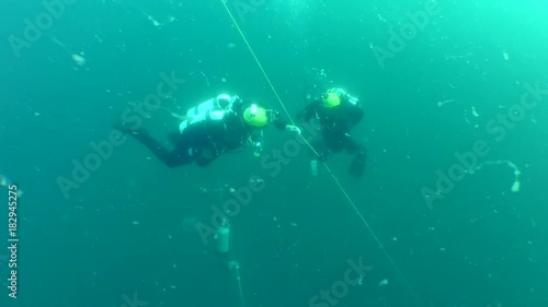 Sea fungus sweep in the water column against the background of two divers undergoing decompression.
 photo