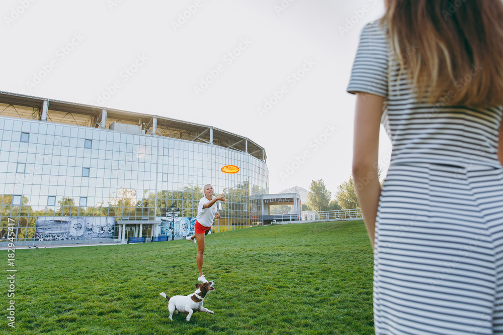 Mother and daughter throwing orange flying disk to small funny dog, which catching it on green grass. Little Jack Russel Terrier pet playing outdoors in park. Dog and women. Family resting on open air
