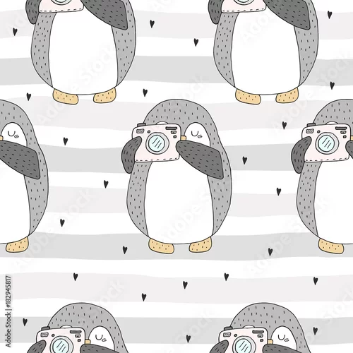 Tapety Wzór z cute pingwiny. Ręcznie rysowane ilustracji. Wektor.