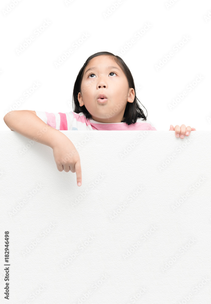cute asian girl pointing on white banner board cute asian girl pointing on white banner board