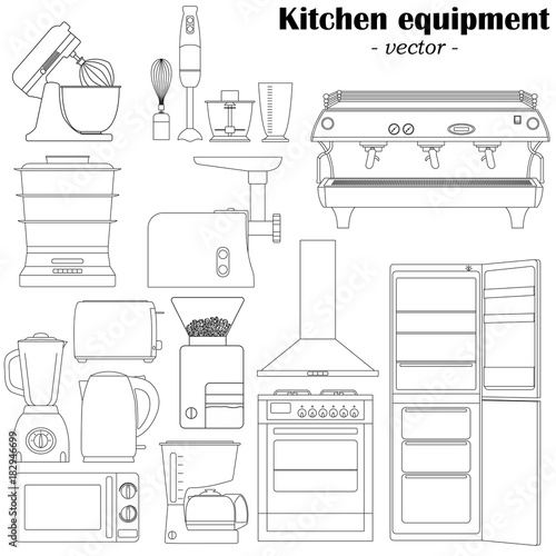 Set of 14 elements of the kitchen equipment for design. Black-and-white illustrations.