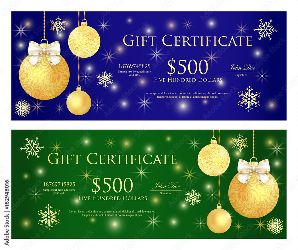 Royal blue and green gift certificate with golden Christmas balls and sparkling background - obrazy, fototapety, plakaty 