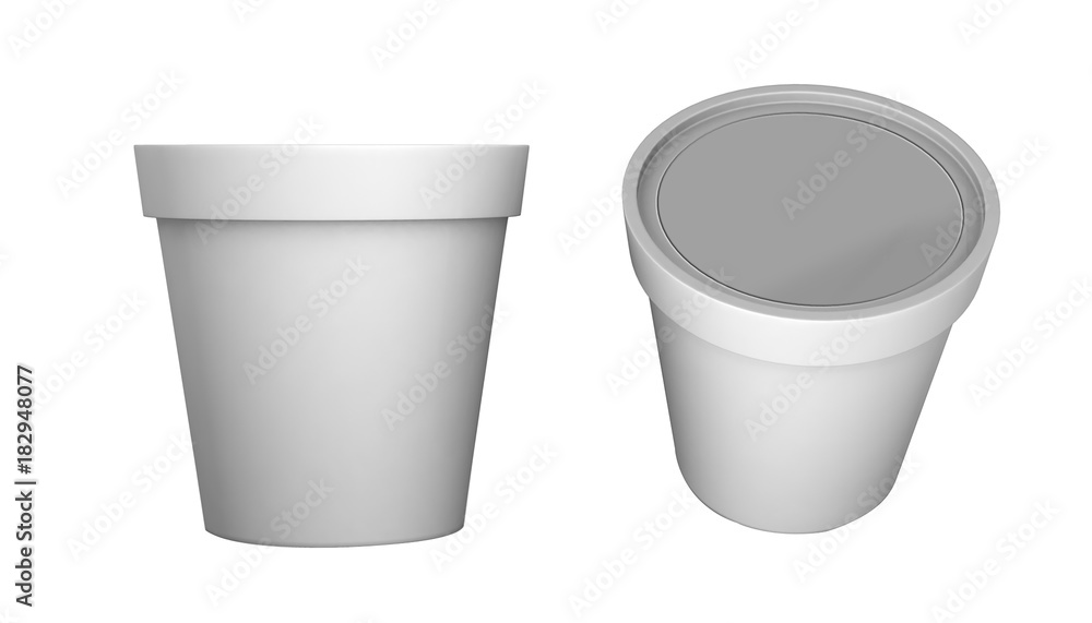 3D rendering plastic tub bucket container for dessert, yogurt, ice cream, sour cream, snack, butter, margarine or cheese, Mock Up Template 3D rendering plastic tub bucket container for dessert, yogurt, ice cream, sour cream, snack, butter, margarine or cheese, Mock Up Template