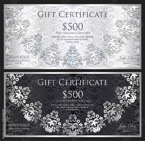 Luxury silver and black gift certificate with rounded lace decoration and vintage background