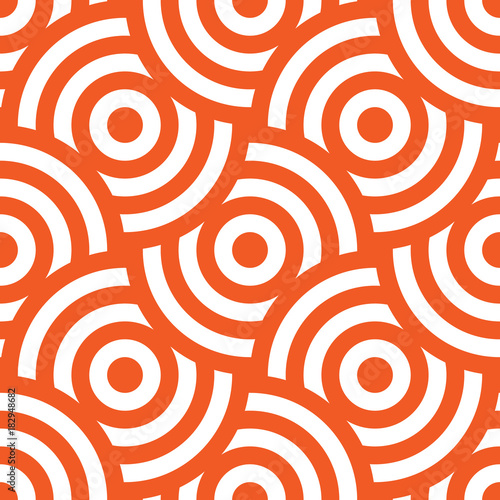 Seamless pattern background ornament of striped concentric circles. Retro mosaic of arches in orange and white. Vector design element.