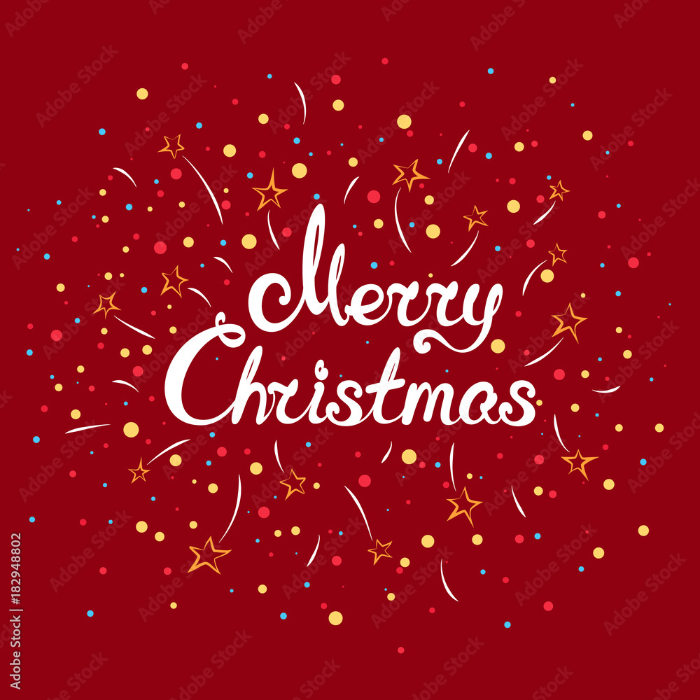 Festive Winter Background, Text Merry Christmas , Fireworks and Stars with Colorful Snowballs on a Red Background, Vector Illustration
