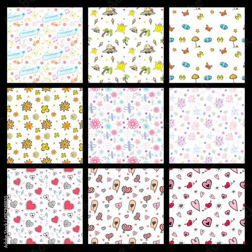 set of cute doodle summer beach,flower and heart pattern seamless vector on black background