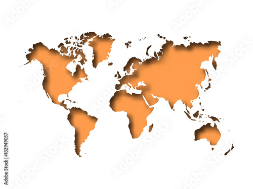 Map of World cut into paper with inner shadow isolated on orange background. Vector illustration with 3D effect.