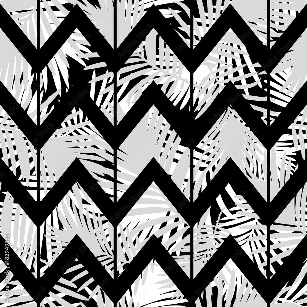 Naklejka premium Seamless background with decorative leaves. Zigzag texture. Pattern with Palm leaves. Textile rapport.