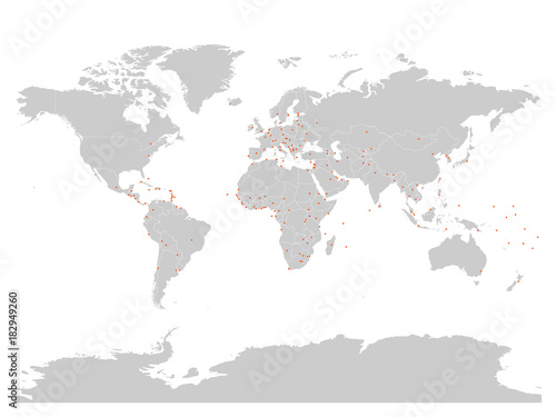 Vector political map of World with capital cities marked as orange squares with rounded corners. © pyty