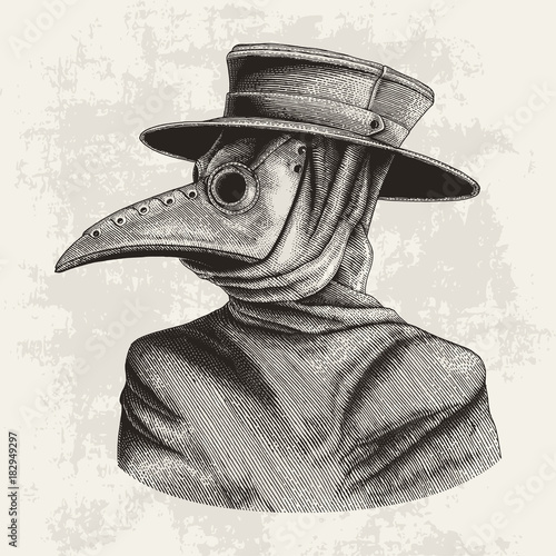 Plague doctor hand drawing vintage engraving isolate on grunge background photo