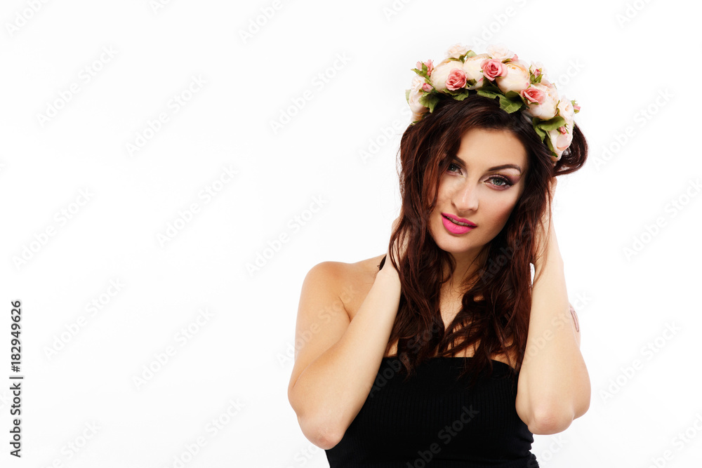 Naklejka premium Woman dressed like a Virgin poses in the studio