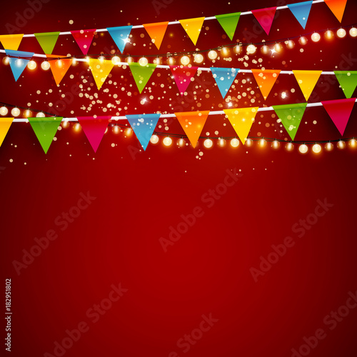 Beautiful Christmas vector background with colorful party bunting flags and shiny Xmas lights with copyspace for your design