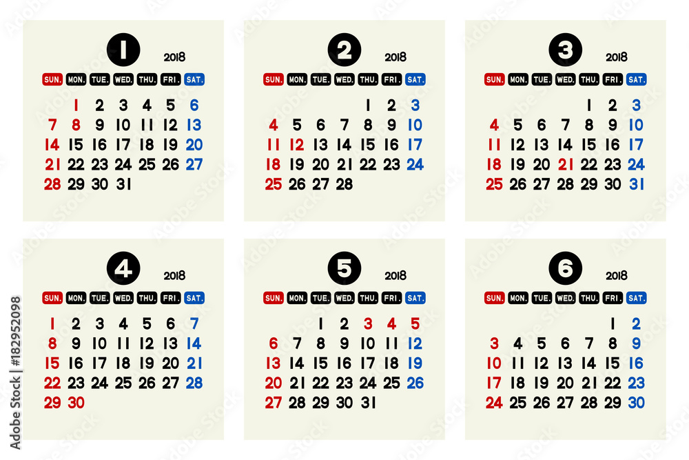 18年 カレンダー １月 ６月 シンプル Stock イラスト Adobe Stock