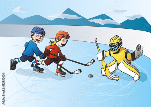 Ice hockey kids playing and having fun. Vector illustration