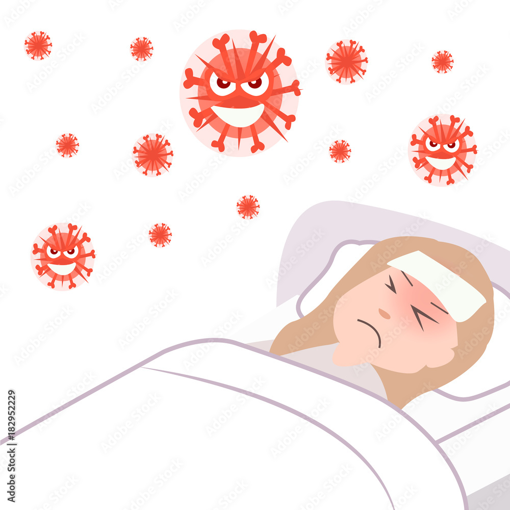 The girl's immunity is infected. Flu season. Vector cartoon illustration -  sore woman in bed. Headache and weakness - symptoms of common cold. Angry  and dangerous virus Stock Vector | Adobe Stock