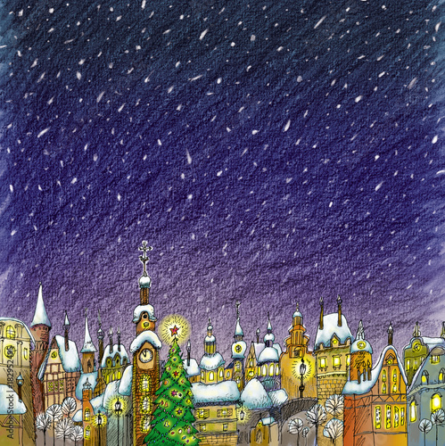 Night cute town. Xmas illustration poster with houses, stars, moon. Card for winter holidays. Old buildings in city. A cartoon style Christmas holiday city center. Watercolor illustration