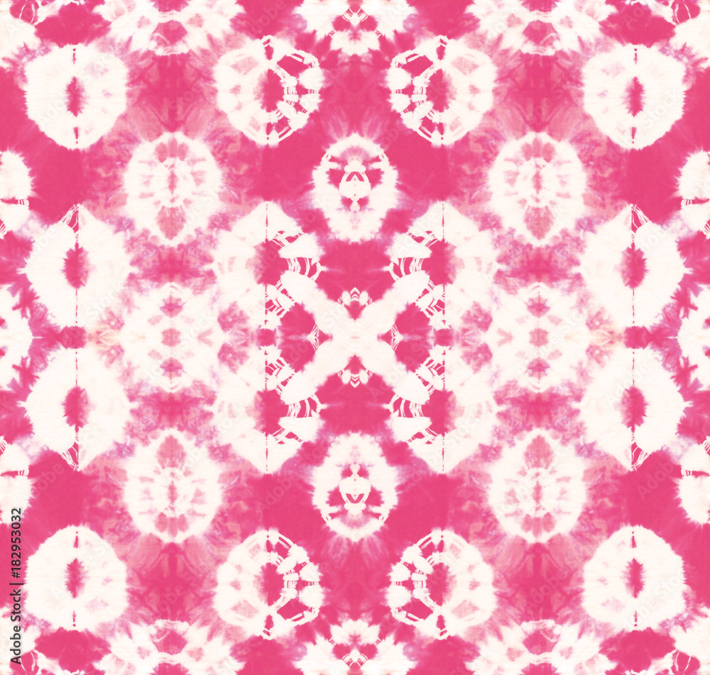 Seamless pattern, abstract tie dyed fabric of pink color on white cotton. Hand painted fabrics. Shibori dyeing