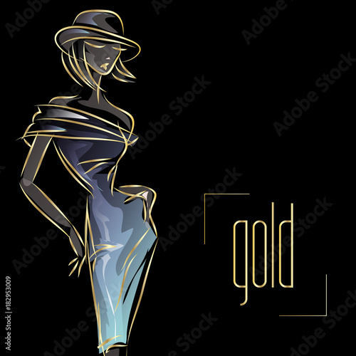 Gold neon fashion woman silhouette, beautiful fashion model on black background logo vector illustration