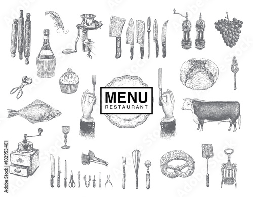 Hand drawn vintage sketch set of food and drinks for design of the menu. Vector large collection hand drawn illustration with kitchen tools. Utensil and cooking. Kitchenware sketch. Engraving style