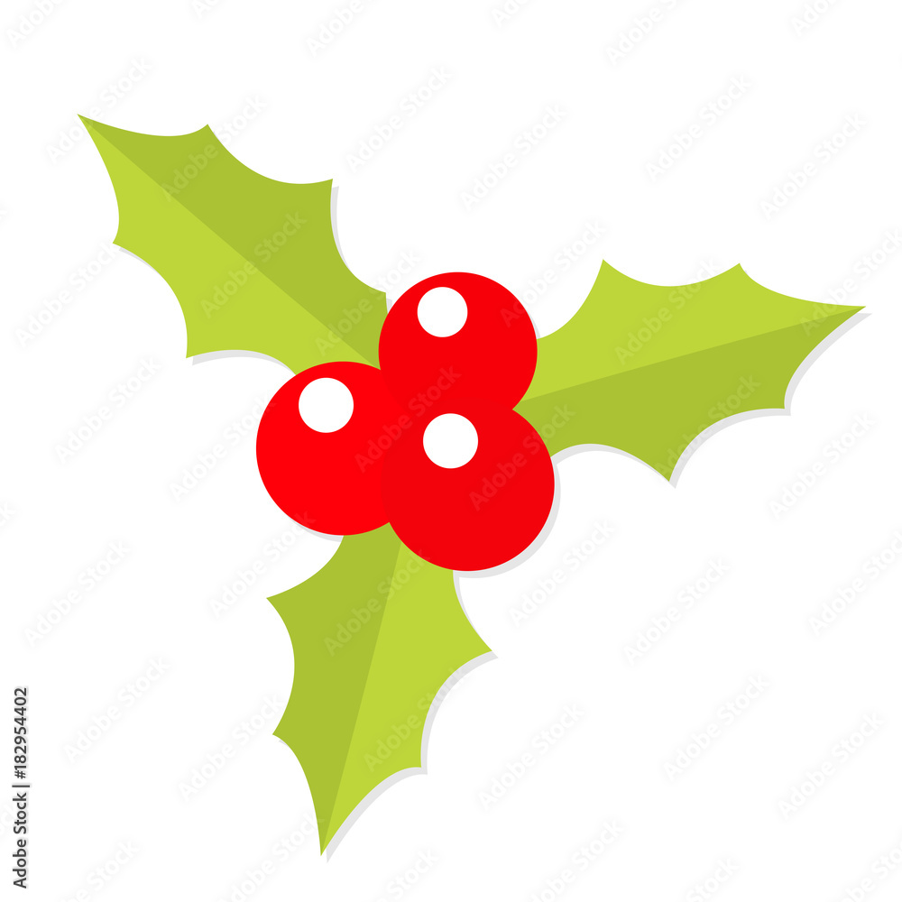 Holly berry icon. Mistletoe. Green leaf Three red berries. Merry Christmas symbol. Flat design. White background. Isolated. Holly berry icon. Mistletoe. Green leaf Three red berries. Merry Christmas symbol. Flat design. White background. Isolated.
