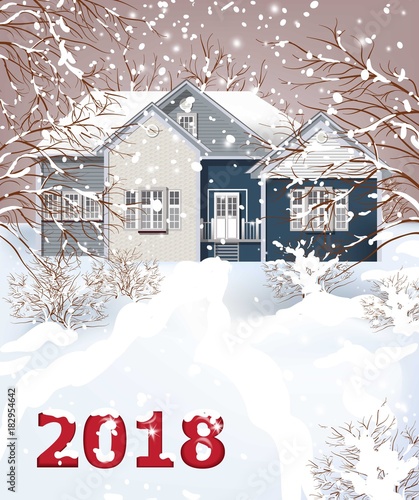 Vintage house Winter snowy background Vector illustration. 2018 text card