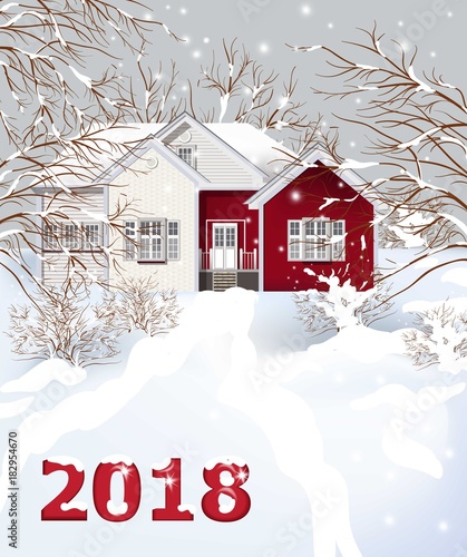 Red Vintage house Winter snowy background Vector illustration. 2018 text card