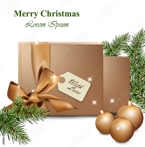 Merry Christmas with Gold Gift boxes. Winter holidays Vector realistic illust...