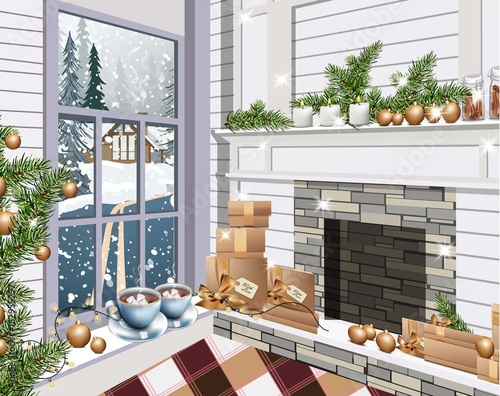 Christmas decor living room interior. Holidays atmosphere giftboxes, garland. Coffee cups by the Window. Snowy background Vector realistic