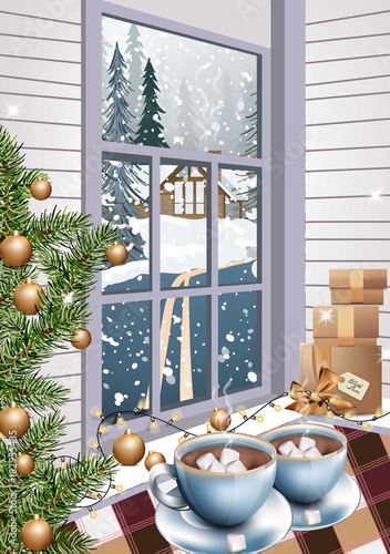 Hot chocolate drinks Christmas background Vector realistic
