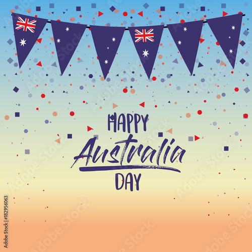 happy australia day poster with dawn sky scene background with colorful festoons and confetti vector illustration