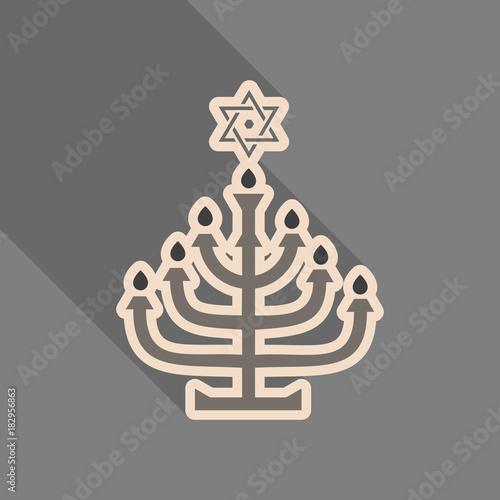 Menorah 9 candle candelabrum vector illustration. Holiday of Hanukkah element. Jewish symbol for celebration of Chanukah or Festival of Lights. Feast of Dedication lamp icon or festivity item.